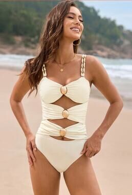 Luxury Cutout Ruched Neck One-Piece Swimwear Sz M Monokini Coastal Grandma